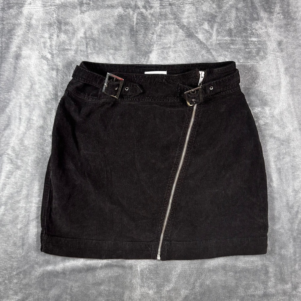 Urban Outfitters Black Corduroy Mini Skirt Asymmetrical Zip Buckle Waist Large